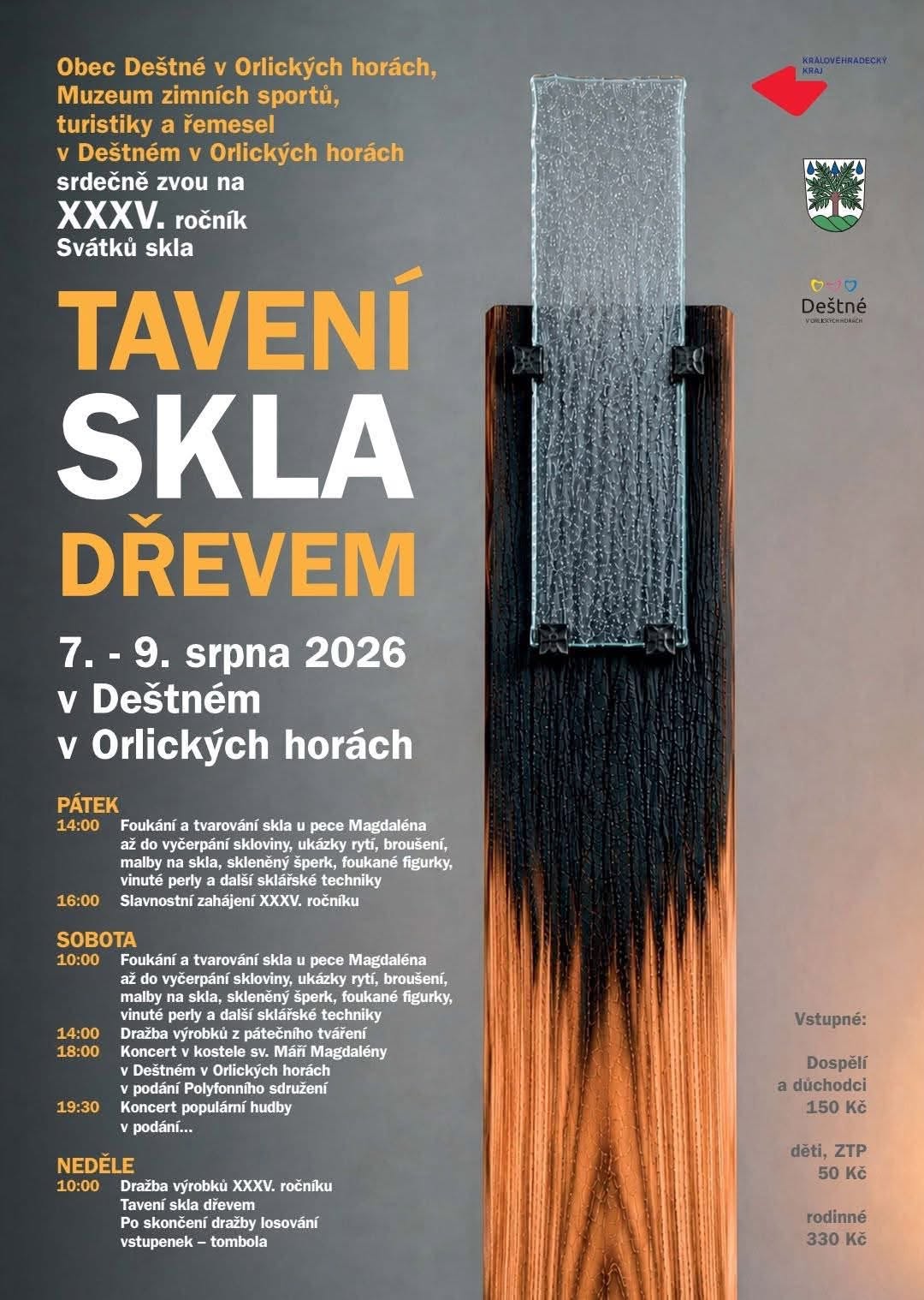 Plakát Svátků skla XXXV. – tradiční tavení skla dřevem v Deštném v Orlických horách ve dnech 7. až 9. srpna 2026